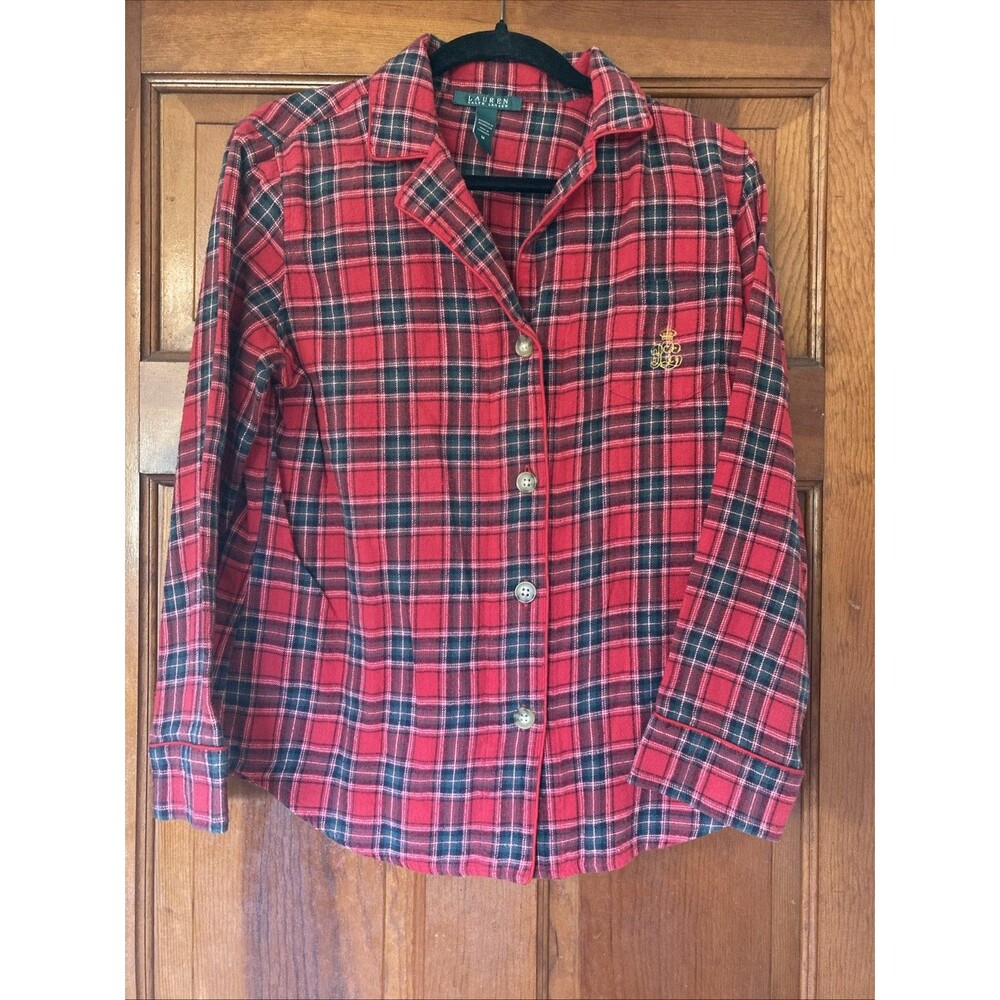 Lauren Ralph Lauren Pajama Top Womens M Red Plaid Flannel Button Up Embroidered